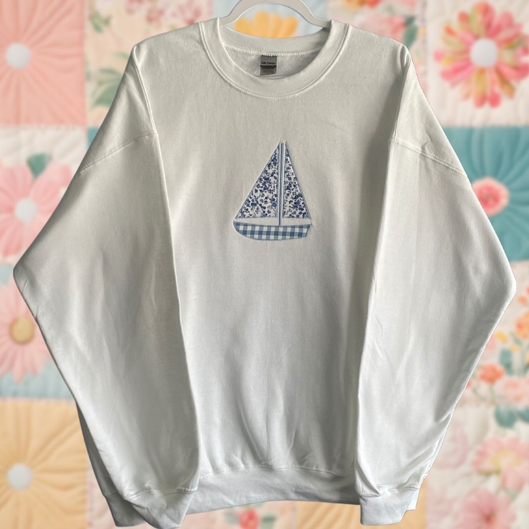 XL White Sailboat Gingham Floral Sweatshirt