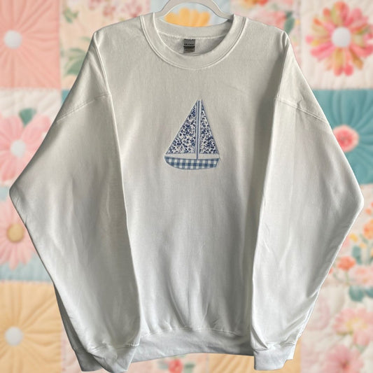 XL White Sailboat Gingham Floral Sweatshirt